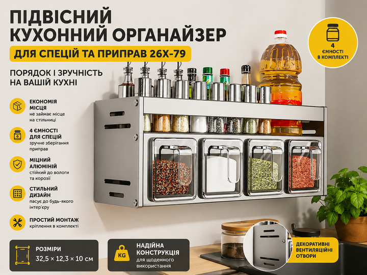 Підвісний кухонний органайзер для спецій 26X-79 настінна полиця для спецій та приправ 26X-79 з 4 ємностями для кухні - изображение 9