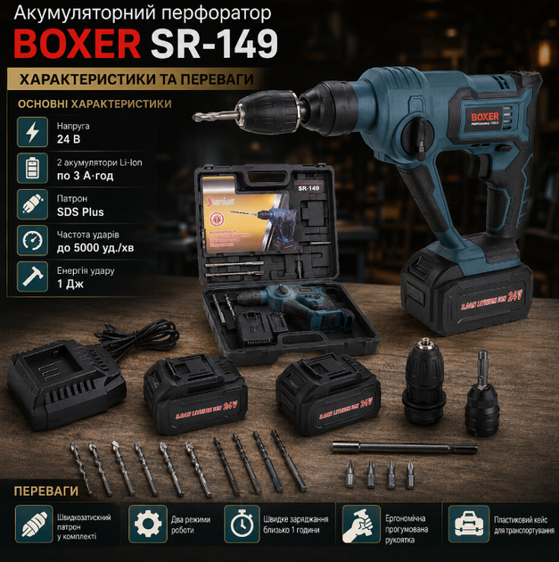 Перфоратор акумуляторний BOXER SR 149 24V SDS Plus із двома акумуляторами швидкозатискним патроном для бетону дерева металу у кейсі - Фото 2 Перфоратор акумуляторний BOXER SR 149 24V SDS Plus із двома акумуляторами швидкозатискним патроном для бетону дерева металу у кейсі - зображення 2