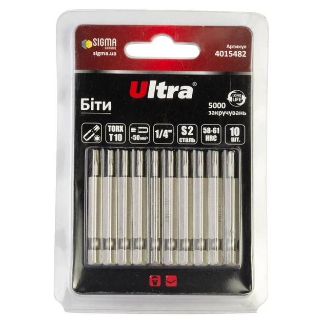 Біти TORX 10×50мм S2 10шт для шуруповерта ULTRA - Фото 1 Біти TORX 10×50мм S2 10шт для шуруповерта ULTRA - зображення 1
