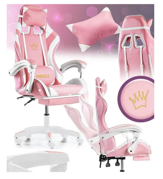 Игровое компьютерное кресло Princess розовое с эргономичной спинкой, выдвижной подставкой для ног, массажной поясничной подушкой, регулировкой высоты и наклона, обивкой из экокожи для дома и офиса - изображение 6