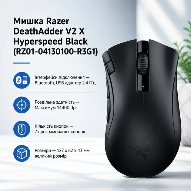 Мишка Razer DeathAdder V2 X Hyperspeed Black (RZ01-04130100-R3G1) - Фото 1 Мишка Razer DeathAdder V2 X Hyperspeed Black (RZ01-04130100-R3G1) - изображение 1