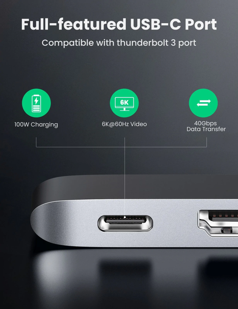 USB-хаб Ugreen 5-в-2 USB C Hub для MacBook Pro/Air Silver (CM251/60559) [72724]. - зображення 5