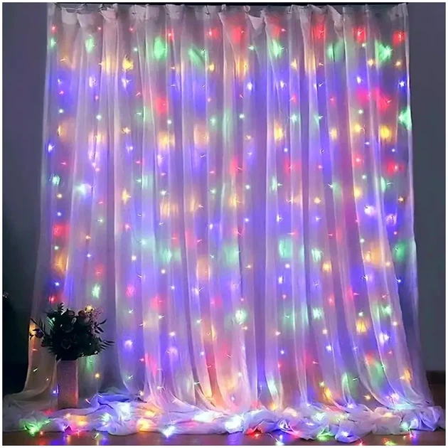Гирлянда штора 3х2м 200 LED теплый белый разноцветный для украшения окон и стен - Фото 5 Гирлянда штора 3х2м 200 LED теплый белый разноцветный для украшения окон и стен - изображение 5