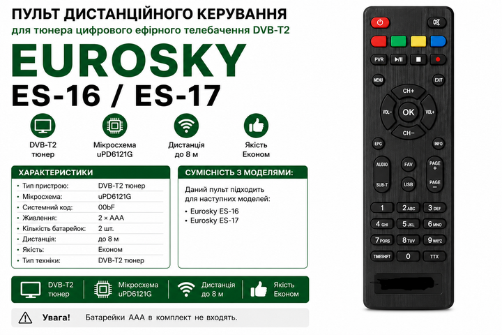 Пульт дистанційного керування для цифрового ефірного DVB-T2 тюнера EUROSKY ES-16, ES-17 - изображение 2
