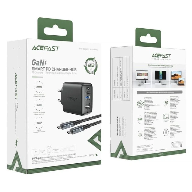 Зарядное устройство Acefast A17 PD65W GaN 1USB-A/1C/1HDMI черный 96,8x31,7x51,9 мм огнестойкий - изображение 5