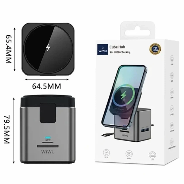 БЗУ + HUB WIWU Wi-W025 Cube 9in1 USB-C 64,5x65,4x79,5 мм алюміній сірий - зображення 7