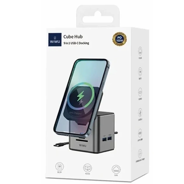 БЗУ + HUB WIWU Wi-W025 Cube 9in1 USB-C 64,5x65,4x79,5 мм алюміній сірий - зображення 8