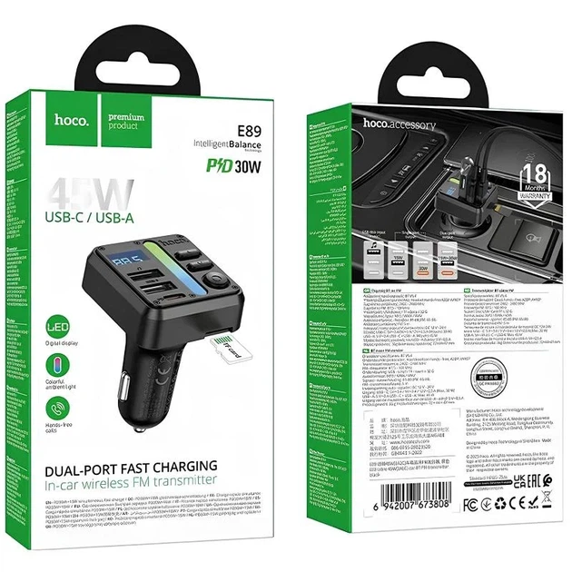 АЗУ FM модулятор Hoco E89 Libre 45W 2xUSB 2xType-C пластик черный 72x44x47 мм - изображение 2