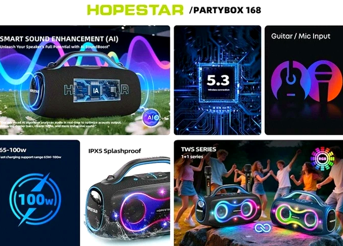 Портативная Bluetooth колонка Hopestar Party 168 черная для вечеринок и активного отдыха с мощным звуком 400 Вт RGB подсветкой - изображение 8