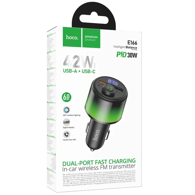 АЗУ FM модулятор Hoco E166 Path PD42W QC3.0 1USB-A 1Type-C чорний 85x38x38 мм пластик - зображення 2