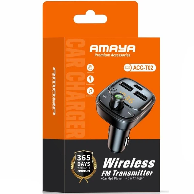 АЗУ FM модулятор Amaya ACC-T02 PD30W 30 Вт 2USB-A 1C чорний пластик - зображення 2