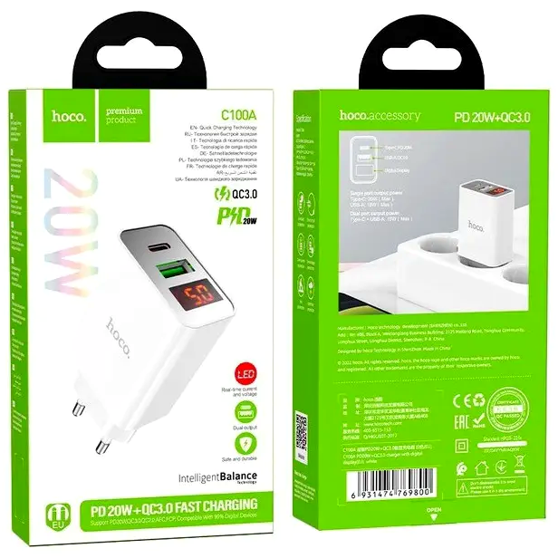 Мережевий зарядний пристрій Hoco C100A PD20W QC3.0 для смартфонів і ґаджетів із цифровим дисплеєм два порти білі - зображення 3