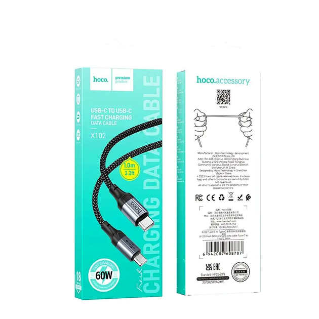 Кабель Hoco X102 Fresh Type-C для зарядки и передачи данных 60W черный 1м с текстильной оплеткой 3А - Фото 2 Кабель Hoco X102 Fresh Type-C для зарядки и передачи данных 60W черный 1м с текстильной оплеткой 3А - изображение 2