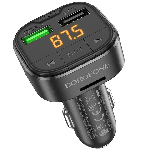 АЗУ FM модулятор Borofone BC43 Flash 18W QC3.0 2USB-A черный - изображение 2
