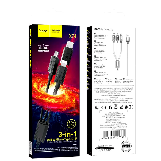 Кабель Hoco X74 3 в 1 для заряджання смартфонів і планшетів Lightning Micro USB Type C чорний - зображення 2