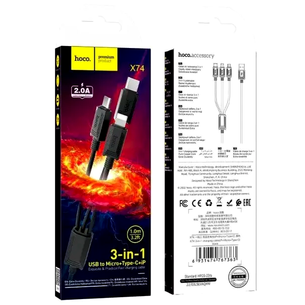 Кабель Hoco X74 3 в 1 для заряджання смартфонів і планшетів Lightning Micro USB Type C чорний - зображення 8