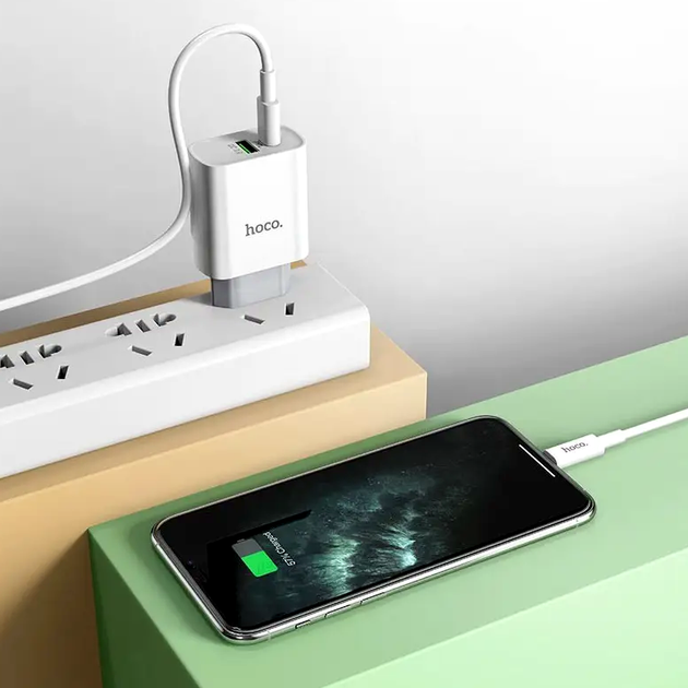 Мережевий зарядний пристрій Hoco C80A PD 20W QC3.0 для смартфонів швидкий і безпечний зарядний пристрій із двома портами - Фото 10 Мережевий зарядний пристрій Hoco C80A PD 20W QC3.0 для смартфонів швидкий і безпечний зарядний пристрій із двома портами - зображення 10