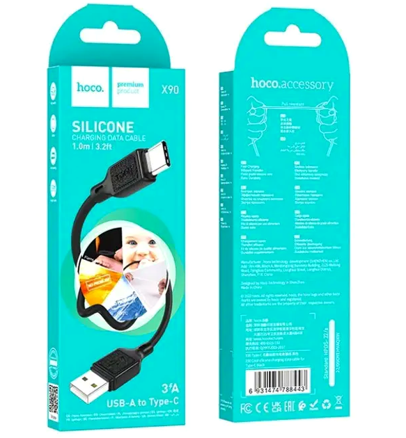 Кабель Hoco X90 Cool Silicone для заряджання та передавання даних Type-C чорний силіконовий 3A 1 м - зображення 2