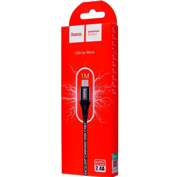 Кабель Hoco X50 Micro USB для зарядки и передачи данных с током 2.4A длиной 1м черный - Фото 5 Кабель Hoco X50 Micro USB для зарядки и передачи данных с током 2.4A длиной 1м черный - изображение 5