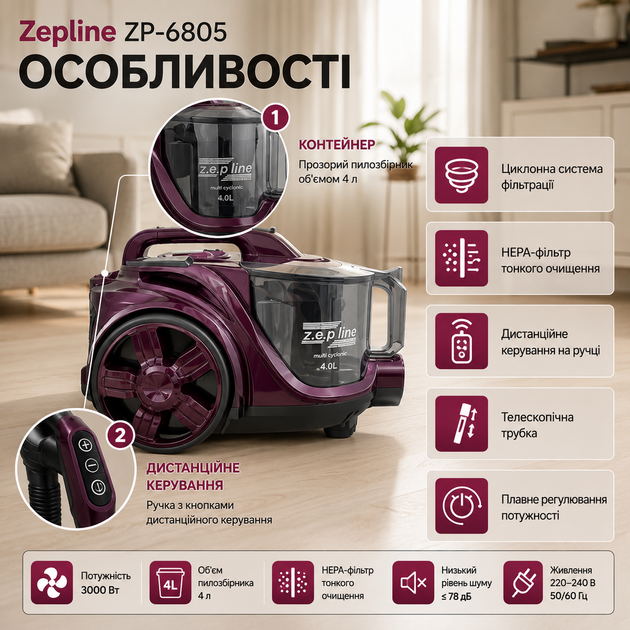 Контейнерный пылесос Zepline ZP6805 4000 Вт 4 л с циклонной системой НЕРА фильтром телескопической трубкой для дома фиолетовый - Фото 2 Контейнерный пылесос Zepline ZP6805 4000 Вт 4 л с циклонной системой НЕРА фильтром телескопической трубкой для дома фиолетовый - изображение 2
