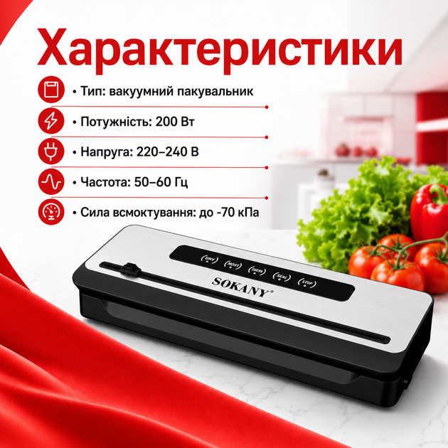 Вакууматор Sokany SK-13076 для вакуумной упаковки продуктов с сенсорным управлением, режимами для сухих и влажных продуктов, мощностью 200 Вт, силой всасывания до -70 кПа - изображение 2