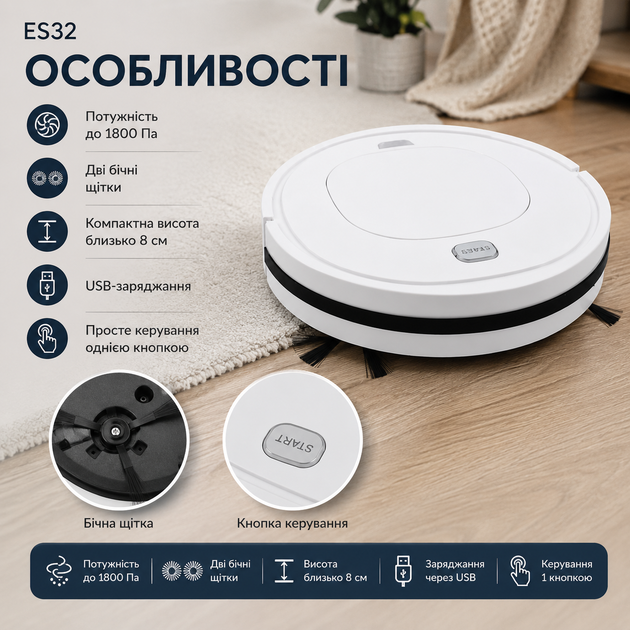 Робот-пилосос ES32 бездротовий акумуляторний 1800 Па для сухого прибирання підлоги килимів ламінату плитки паркету USB Li-ion 1500 мА·год білий - зображення 4