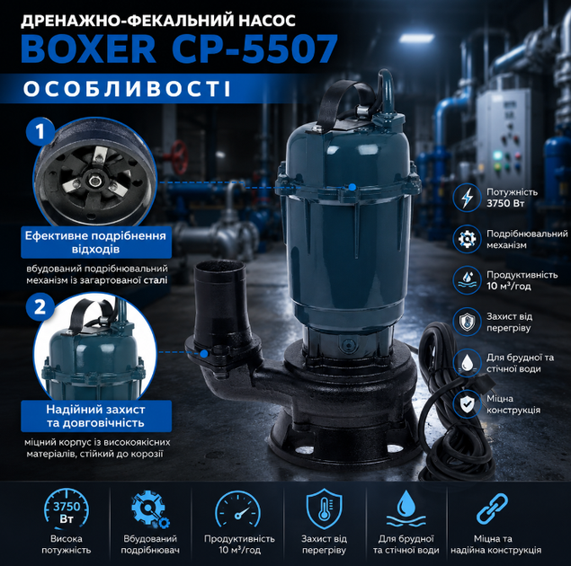 Дренажно фекальный насос Boxer CP 5507 3750 Вт с измельчителем погружной для грязной воды септика колодца 10 м - изображение 2