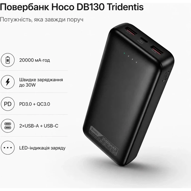 Павербанк Hoco DB130 Tridentis PD30W fully compatible power bank 20 000mAh Black - зображення 4