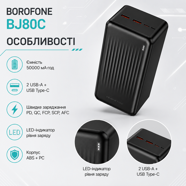 Павербанк BOROFONE BJ80C 50000mAh 22.5W PD QC з USB Type C LED індикатором чорний - зображення 2