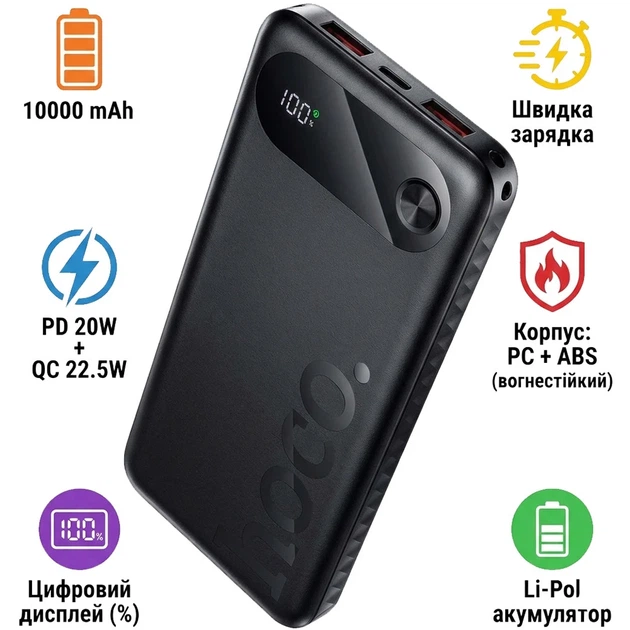 Павербанк Hoco J154 Victorious 22.5W+PD20W fully compatible power bank 10 000mAh Black - Фото 5 Павербанк Hoco J154 Victorious 22.5W+PD20W fully compatible power bank 10 000mAh Black - зображення 5