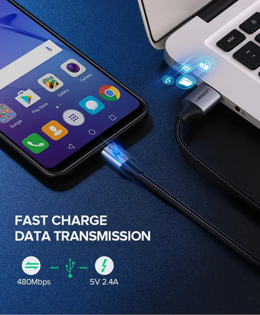 Кабель UGREEN US290 USB 2.0 A to Micro USB Cable Nickel Plating Aluminum Braid 2m (Black) (UGR-60148) - Фото 4 Кабель UGREEN US290 USB 2.0 A to Micro USB Cable Nickel Plating Aluminum Braid 2m (Black) (UGR-60148) - зображення 4