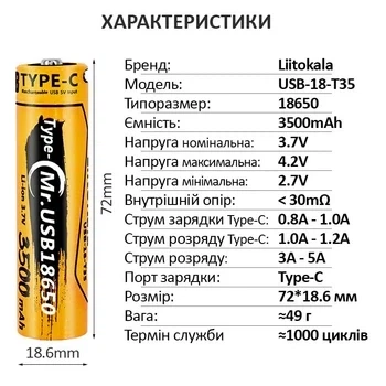Аккумулятор LiitoKala 18650 USB-18-T35 3500mAh 3.7V Li-Ion с зарядкой от USB Type-C - Фото 4 Аккумулятор LiitoKala 18650 USB-18-T35 3500mAh 3.7V Li-Ion с зарядкой от USB Type-C - изображение 4