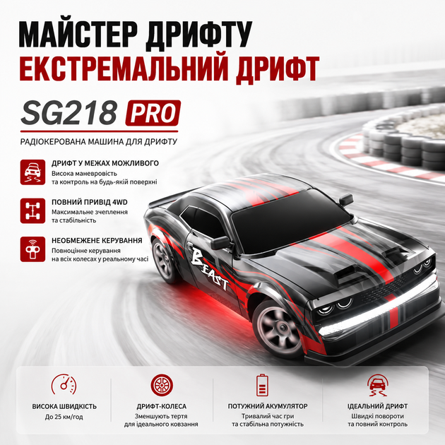 Машинка на пульте управления SG218 PRO 1:16 Радиоуправляемая машинка Дрифт Автомобиль До 25 км/ч 1 аккумулятор + батарейки в пульт - Фото 9 Машинка на пульте управления SG218 PRO 1:16 Радиоуправляемая машинка Дрифт Автомобиль До 25 км/ч 1 аккумулятор + батарейки в пульт - изображение 9