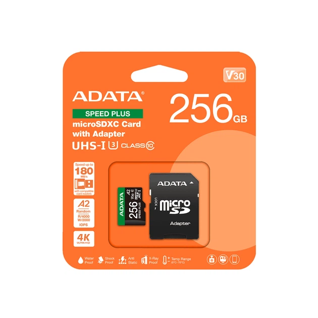 Карта пам'яті microSDXC (UHS-1 U3) A-DATA SPEED PLUS 256Gb Class 10 V30 A2 (R-180Mb/s W160Mb/s) (adapter SD) - Фото 2 Карта пам'яті microSDXC (UHS-1 U3) A-DATA SPEED PLUS 256Gb Class 10 V30 A2 (R-180Mb/s W160Mb/s) (adapter SD) - изображение 2