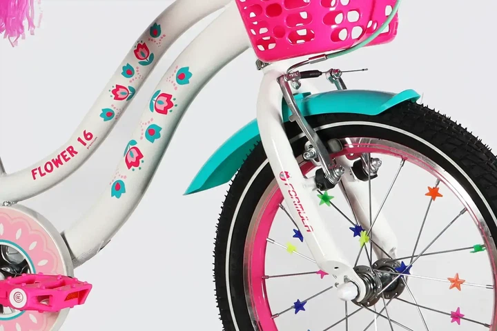 Детский велосипед ST 16" Formula Kid Flower Premium BH 2026 для девочки белый с розовым и бирюзовым (OPS-FRK-16-243) - изображение 5