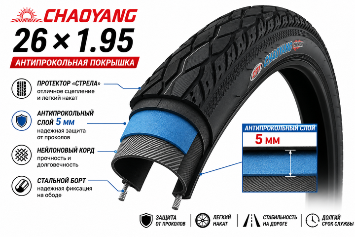 Комплект покрышка ChaoYang 26×1.95 антипрокольная 5 мм «Стрила» + камера Grey's 26×1.95–2.125 AV 48 мм для MTB велосипеда - изображение 4