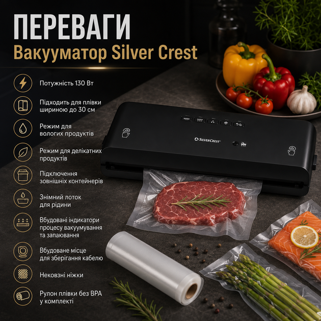 Вакууматор для продуктов Silver Crest 130 Вт вакуумный упаковщик для пищи бытовой запайщик пакетов до 30 см для мяса рыбы овощей фруктов - изображение 10