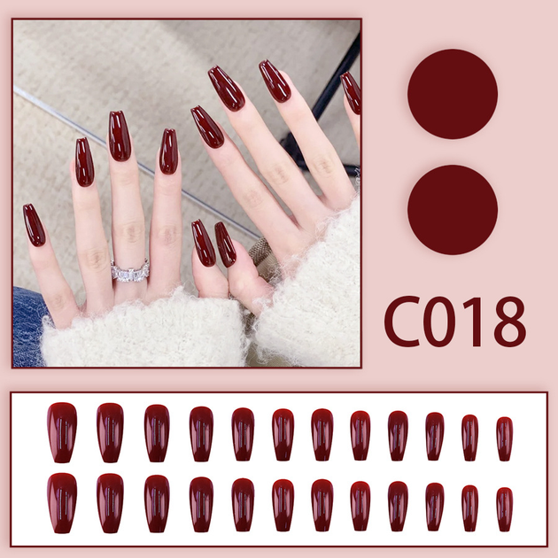Длинные накладные ногти с клеем C018 Бордовый 24 шт (A9451) - изображение 3