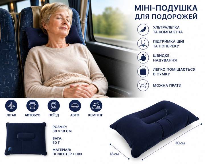 Надувная мини-подушка для путешествий 30×18 см – компактная дорожная подушка для автобуса, самолета, автомобиля и кемпинга - изображение 5