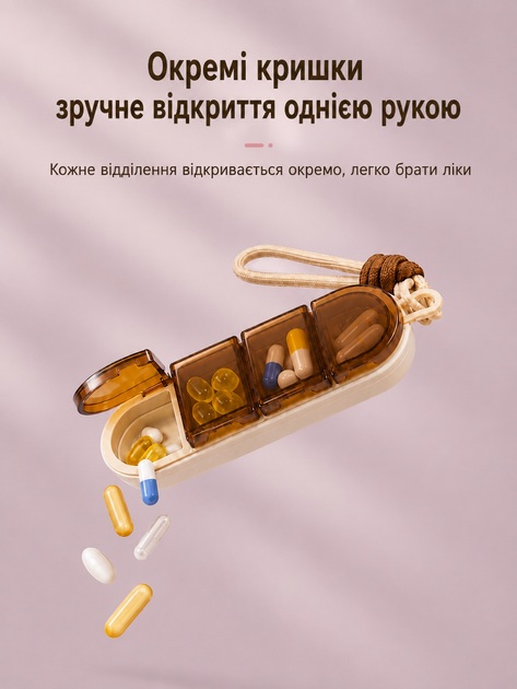Таблетница на 4 отделения с силиконовым уплотнителем и шнурком — Портативный герметичный органайзер для таблеток, витаминов и БАДов (Бежевый / Коричневый) - Фото 4 Таблетница на 4 отделения с силиконовым уплотнителем и шнурком — Портативный герметичный органайзер для таблеток, витаминов и БАДов (Бежевый / Коричневый) - изображение 4
