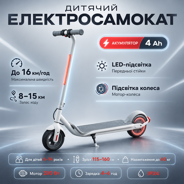 Дитячий електросамокат YAR SPORT PRO-1 для дітей від 6 років c LED підсвічуванням 4 AH сірий - Фото 1 Дитячий електросамокат YAR SPORT PRO-1 для дітей від 6 років c LED підсвічуванням 4 AH сірий - зображення 1