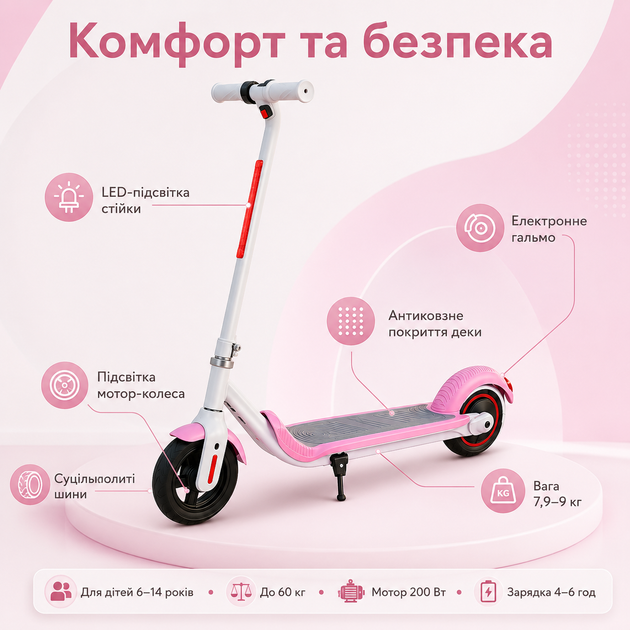 Дитячий електросамокат YAR SPORT PRO-1 для дітей від 6 років c LED підсвічуванням 4 AH рожевий - Фото 3 Дитячий електросамокат YAR SPORT PRO-1 для дітей від 6 років c LED підсвічуванням 4 AH рожевий - изображение 3