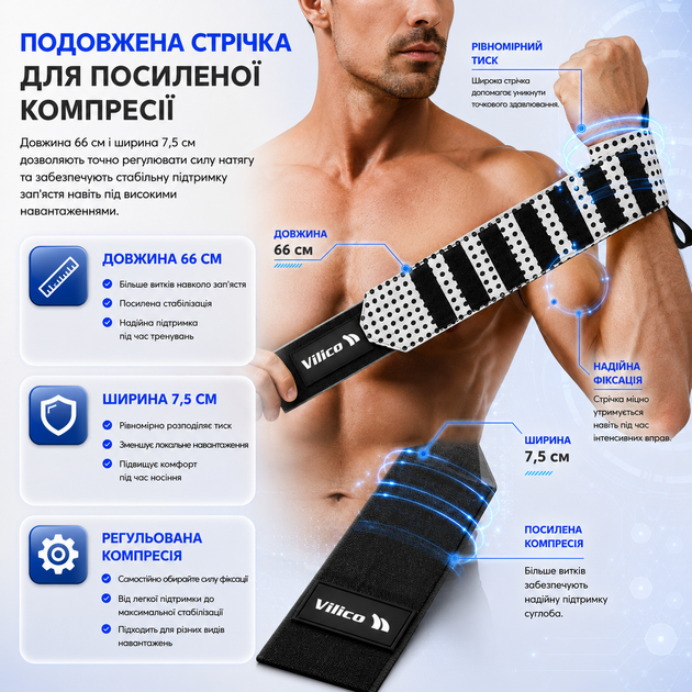 Бинты на запястье Vilico AB167 кистевые, для пауэрлифтинга, бодибилдинга и силовых тренировок, белые - изображение 3