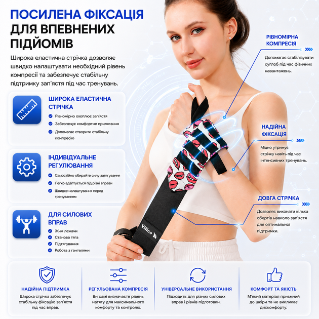Кистевые бинты Vilico 167 для силовых тренировок, пауэрлифтинга и бодибилдинга, на запястье, красные Big Lips - изображение 7