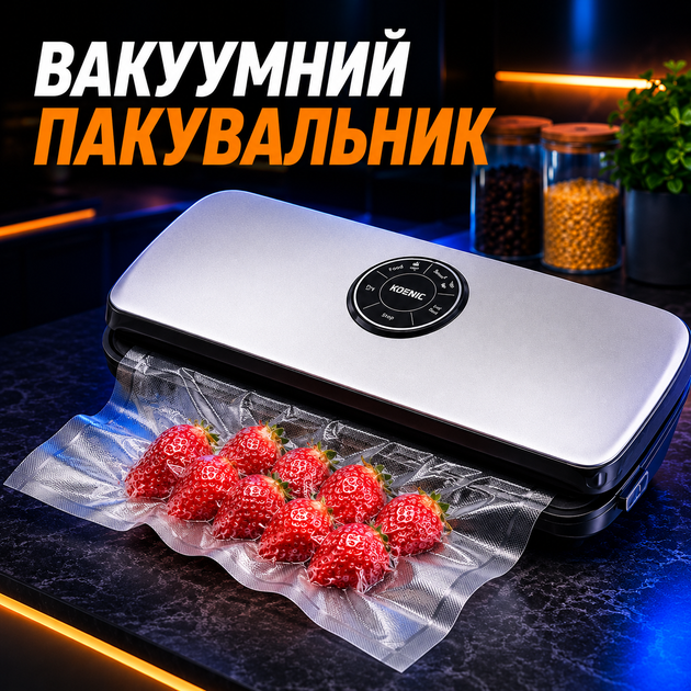 Вакуумный упаковщик Koenic KVS 3411 M для хранения продуктов, с автоматическим вакуумированием, регулируемым режимом для твердых и мягких продуктов, мощностью 110 Вт, насосом 0,8 бар, 5 функциями, комплектом из 10 вакуумных пакетов, серебристо-черный - Фото 1 Вакуумный упаковщик Koenic KVS 3411 M для хранения продуктов, с автоматическим вакуумированием, регулируемым режимом для твердых и мягких продуктов, мощностью 110 Вт, насосом 0,8 бар, 5 функциями, комплектом из 10 вакуумных пакетов, серебристо-черный - изображение 1