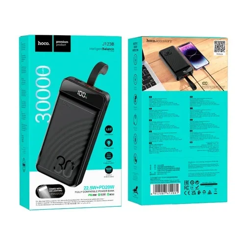 Павербанк Power Bank HOCO J123B Element 30000 mAh 22.5W PD20W Black портативний акумулятор з LED-ліхтарем - Фото 3 Павербанк Power Bank HOCO J123B Element 30000 mAh 22.5W PD20W Black портативний акумулятор з LED-ліхтарем - зображення 3