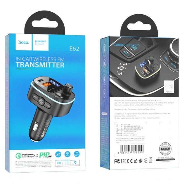 АЗП з FM-модулятором HOCO E62 Fast PD20W+QC3.0 car BT FM transmitter Black - зображення 2