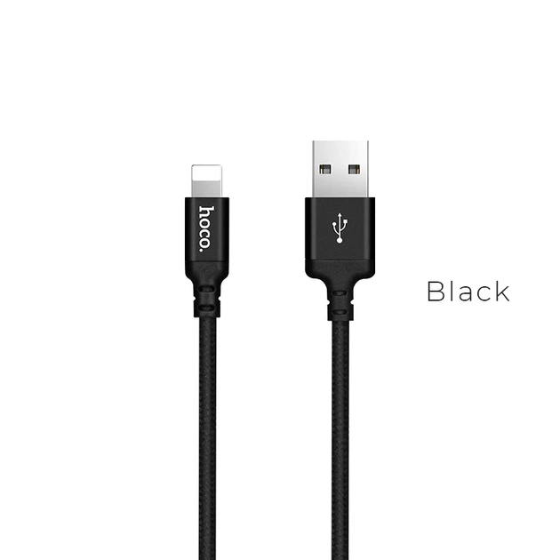 Кабель HOCO X14 USB to iP 2A, 2m, nylon, aluminum connectors, Black - Фото 1 Кабель HOCO X14 USB to iP 2A, 2m, nylon, aluminum connectors, Black - зображення 1