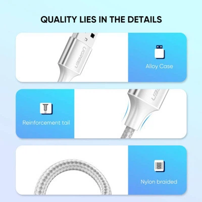 Дата кабель USB 2.0 AM to USB-C 2.0m 3.0A 18W US288 White Ugreen (60133) - Фото 3 Дата кабель USB 2.0 AM to USB-C 2.0m 3.0A 18W US288 White Ugreen (60133) - зображення 3