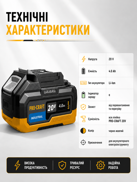 Акумулятор PRO-CRAFT 20V 4.0Ah Li-Ion з LED-індикатором заряду для акумуляторного інструменту та садової техніки удароміцний із захистом від перегріву - зображення 6